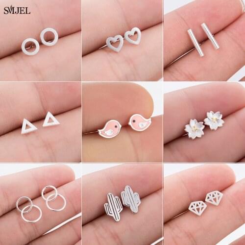 Sterling Silver 925 Jewelry Earrings Geometric Tiny Heart Round Small Stud Earrings for Women Kids Hypoallergenic Christmas Gift