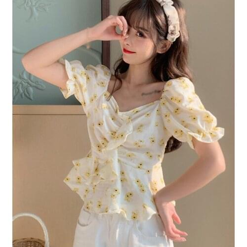 Chiffon Shirt Women Long Sleeve Pleated Ruffle Short Blouse Tops Female Short Blusas Floral Print Blouses