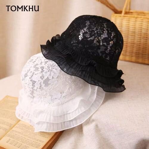 TOMKHU Elegant Fashion Lace Sun Hats Brim Dome Bucket Hat Women New Summer Spring Outdoor Foldable Laciness Beach Accessory Caps