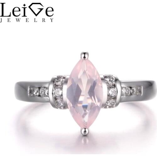 LeiGe Jewelry Natural Pink Quartz Rings Unique Engagement Rings Marquise Cut Pink Gemstone Rings 925 Sterling Silver for Women