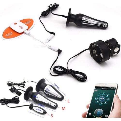 New App Remote Control Electro Shock Vaginal Balls 3 Size Small Meddium Big Anal Plug With Electro Sex Rings Cage For Penis Cock