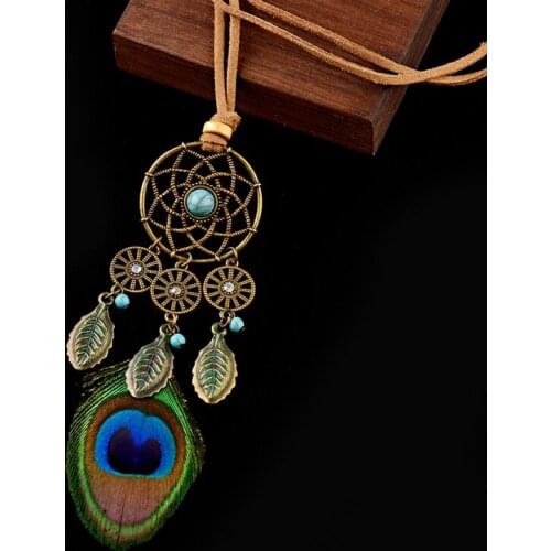 2019 Summer Bohemia Peacock Feather Pendant Necklaces For Women Hollow Dreamcatcher Leaf Tassel Stone Rope Chain Necklaces