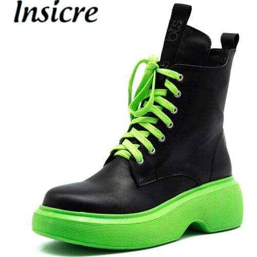 Insicre Cow Leather Platform Round Toe Women Ankle Martin Boots Lace Up Thick Mid Heels 2021 Winter Shoes Green