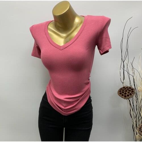 Elastic Knitted Cotton Women T-Shirts 2020 Summer New V-Neck Solid Slim Short-Sleeved Casual All Match Female Pulls Outwear Tops