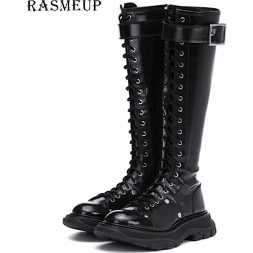 RASMEUP Leather Womens Knee High Boots 2020 Brand Design Winter Lace up Women Platform Boot Spring Ladies Chunky Shoes
