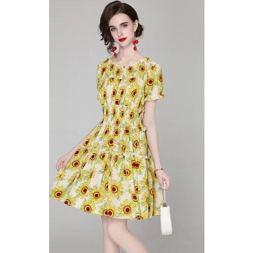 Women Summer Dresses Office Lady A-LINE Printing Mid-Calf Women Short Dresses Slash Neck Elegant Party 2021 New Women Dresses