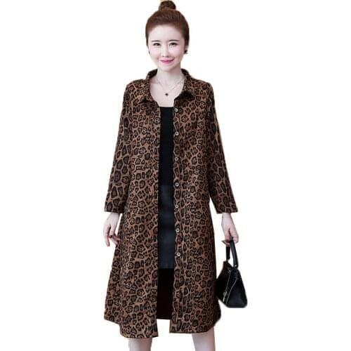 Womens Long Trench Coat 2020 Spring AutumnThin Coat Long Sleeve Leopard Print Casual Coat Outerwear Female Shirt Dress 5XL K17