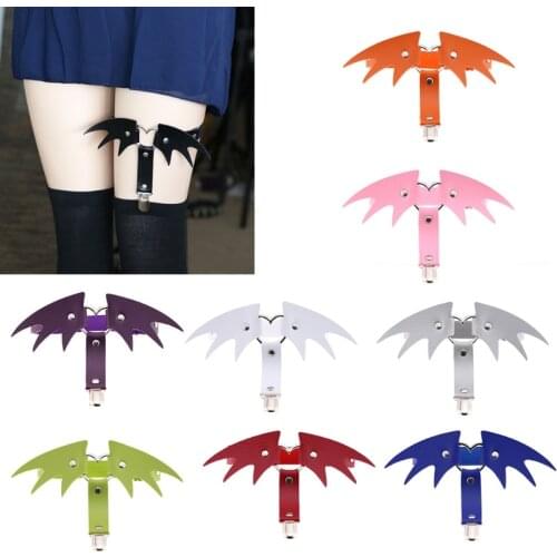 Women Goth Punk Style Faux Leather Garter Belt Metal Heart Halloween Batwings Adjustable Thigh Ring Harness Clubwear Suspender