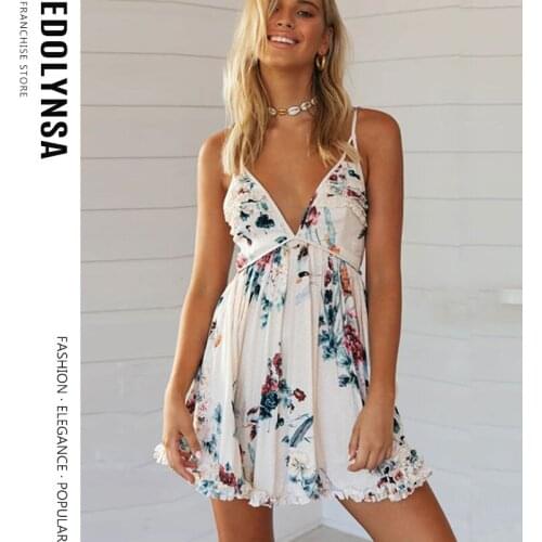 Deep V Neck Lace-up Open Back Dress Women 2021 New Summer Print Sling Dress Sexy Flared Dress Party Mini Sling Dresses Y121