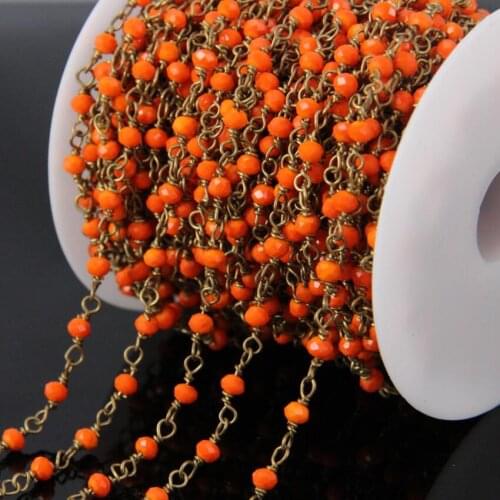 5Meter small Orange glass beads Faceted Rondelle Chains supplies,Brass Plated links Chain loop necklace supplies 3x4mm