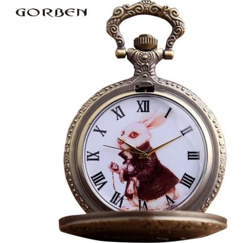 Bronze Rabbit &Girl Pocket Watch Alice in the Wonderful World Quartz Pocket Fob Watches Men Gifts Relogio De Bolso