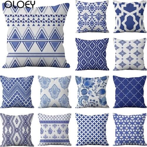 Decorative Polyester Blue and White Porcelain Geometric Throw Pillow Cover Home Sofa Square Pillowcase Cushion Cover 45*45cm