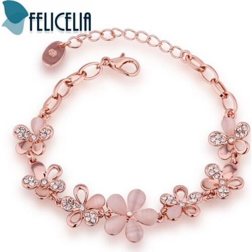 Felicelia Delicate Rose Gold Color Cubic Zirconia Flower Bracelet For Women Girls Fashion Jewelry Length Adjustable