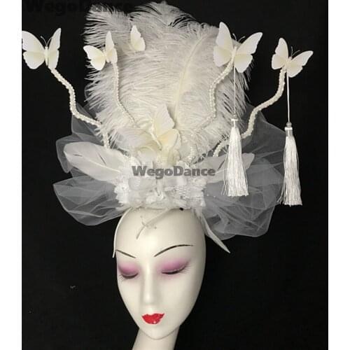 White Flower Feather Chinese Style Headdress Model Catwalk Stage Creative Shape Headwear