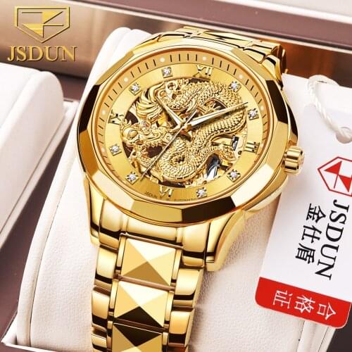 JSDUN Golden Dragon Dial Fashion Luminous Mens Watch Top Brand Luxury Mens Mechanical Hollow Gold Watch Reloj de hombre 8840