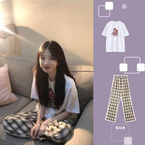 Girls Suit Summer White Print Short Sleeve + Plaid Wide-leg Pants Two-piece Suit