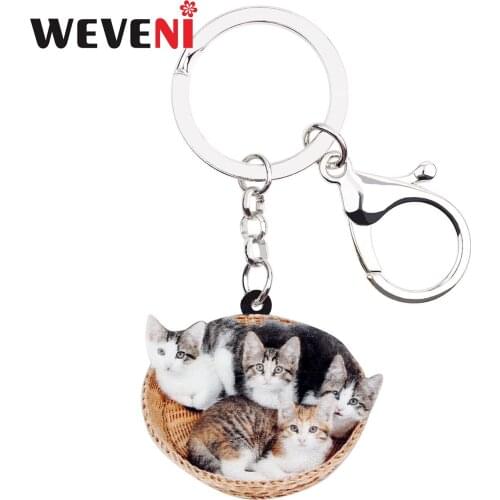 WEVENI Acrylic Cute Basket Cat Kitten Key Chain Keychain Holder Fashion Animal Pets Gift Jewelry For Women Girls Bag Car Pendant