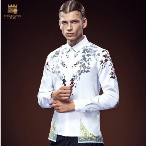 FanZhuan free shipping new mens male fashion casual Autumn personality false two white long sleeved shirt printing 612144