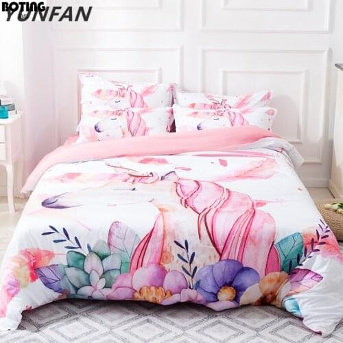 Cartoon Unicorn Bedding Set 3pcs flowers Duvet Cover Sets quilt cover pillow cases Chromatic pink white soft bedclothes