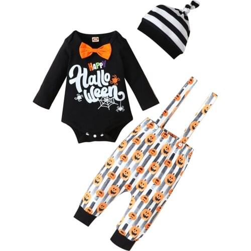 2021 Toddle Baby Boy And Girl Clothes Baby Boy 3Pcs Halloween Outfits, Long Sleeve Bowtie Romper + Bib Pants + Hat Set