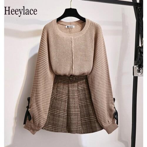 Autumn Winter Knitted Long Sleeve Sweater Top And Tweed Woollen Plaid High Waist Mini shorts Skirts Sets Korean Casual Outfits