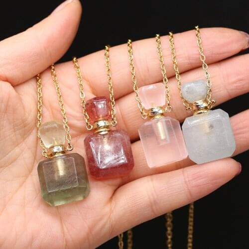 Natural Oil Diffuser Perfume Bottle Pendants Necklace Rose Quartzs Fluorites Pendant Necklace for Women Jewelry Gift 20x33mm