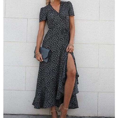 Puloru Elegant Women Short Sleeve Maxi Slit Dress Dots Flowers Print V-neck Ruffled Hem A-Line Summer Office Lady Lace-up Dress