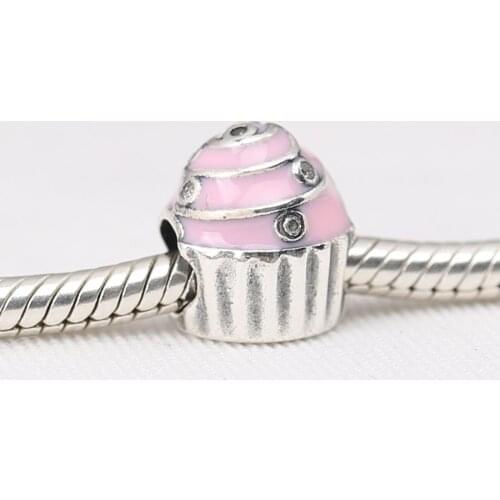 Authentic S925 Charm fit Lady Bracelet Bangle Birthday Cupcake Charm Pink Enamel DIY Jewelry