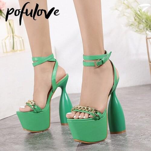 Pofulove Green Heels Sandals Women Platform Shoes Peep Toe Sandals Ankle Strap Open Toe Shoes Chain Zapatos Black Sandalias