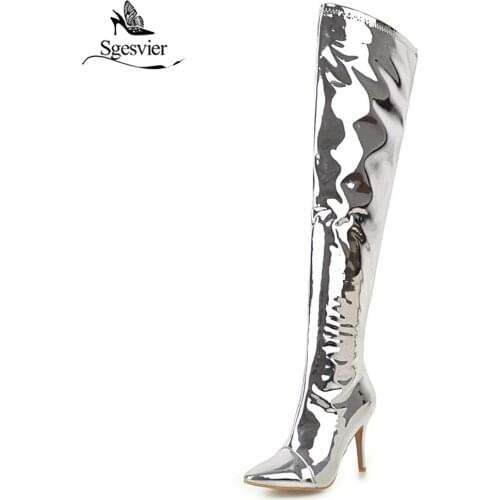 Sgesvier Women High Heels Winter Over Knee Boots Shoes Woman Sexy Zip Glitter Silver Heels Thigh High Boots Shoes Size 30-48