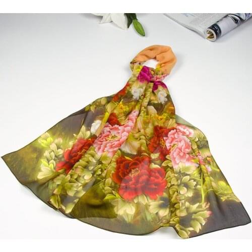 100% Silk Scarf Women Scarf Peony Silk Shawl 2019 Top Designer Scarf Female Silk Pashmina Long Thin Silk Wrap Luxury Lady Gift