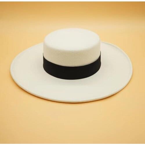 Fashion Wide Brim White Wool Fedora Hats For Women Autumn Winter Flat Top French Retro Top Hat Ladies Custome Bone Boater Hat