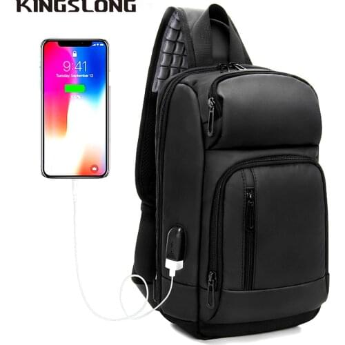 Sling Bag PU Black Chest Bag fit in 10 inch Ipad USB Charging Casual Daypack water-repellent Mochila for Male and Female KSL