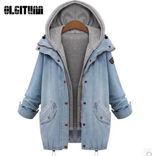 Spring jackets women 2019 loose fit hooded jacket faux 2 pieces cowboy coat plus size 4XL size overcoat JK210