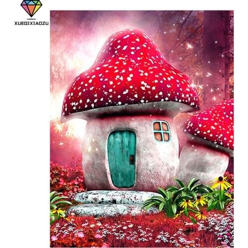 XUEQIXIAOZU DIY 5D Painting Full Round Diamond Red Mushroom Hut Picture Cross Stitch Mosaic Picture Rhinestones Embroidery