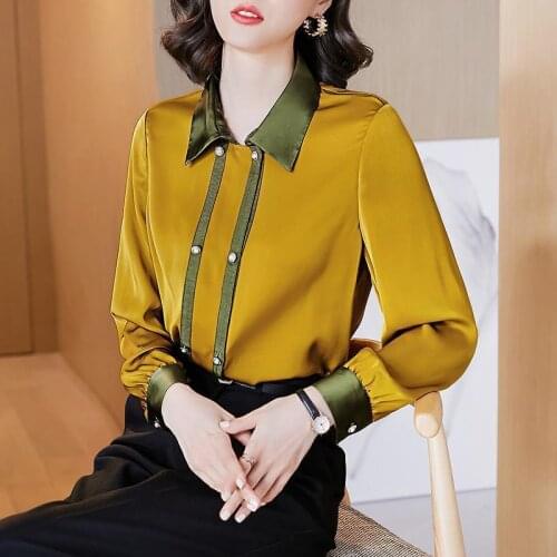 Imitation silk shirt women 2021 spring new fashion womens shirt contrast color stitching long-sleeved top women casual