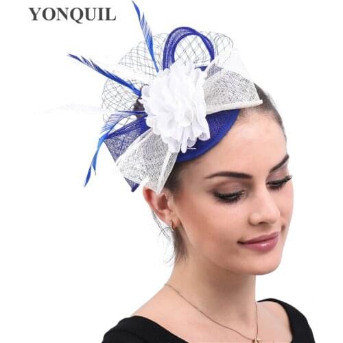 Women Female Church Blue Fascinator Fashion Hat Hair Clip Veil Feather Hair Bands Hoop Accessories Elegant headbands Headwear