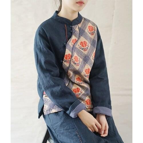 SCUWLINEN Women Linen Quilted Tops 2020 Winter Chinese Vintage Print Patchwork Stand Collar Warm Cotton Padded Blouse P330