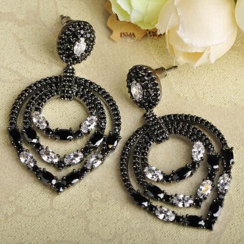Blucome 2018 New Arrival Luxury Heart Shape Drop Earrings Full Rhinestones Gun Black Color Copper Earrings Women Party Jewelry
