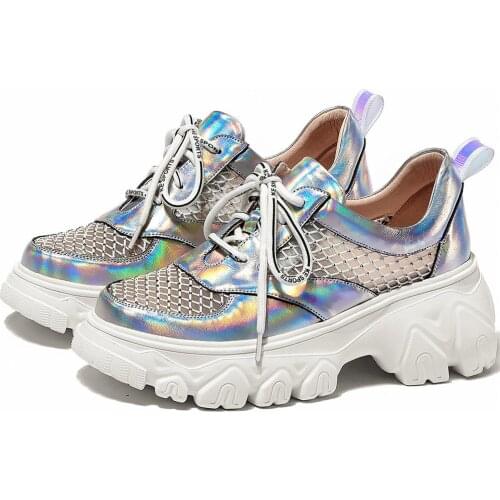 2021 Women Lace Up Genuine Leather Chunky High Heels Platform Pumps Shoes Female Round Toe Summer Fashion Sneakers Casual Shoes