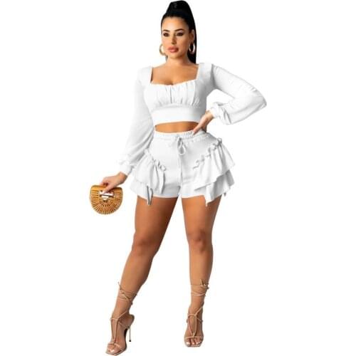 Set Woman 2 Pieces Fashion Womens Blouses 2021Summer Elegant Ladies Cute Ruffle Folds Two-Piece Suit Womens Korean Clothing