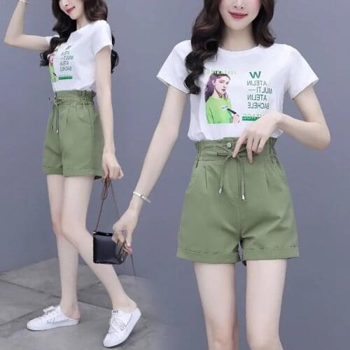 2021 Womens Summer Short-sleeved T-shirt + Shorts Casual Two-piece Suit Woman Loose Cotton Suit Female Fashion Printing Suit
