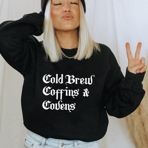Cold Brew Coffins & Covens Sweatshirt Funny Women Long Sleeve Halloween Party Gift Pullovers Streetwear