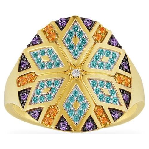 SLJELY High Quality 925 Sterling Silver Jewelry Gold Color Colorful Geometric Shapes Tribal Round Ring for Women Mana Series