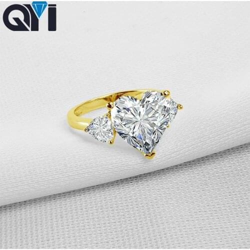 QYI 5ct Heart Cut 14K Solid Yellow Gold Rings Women Sona Simulated Diamond Wedding Three Stone Engagement Ring