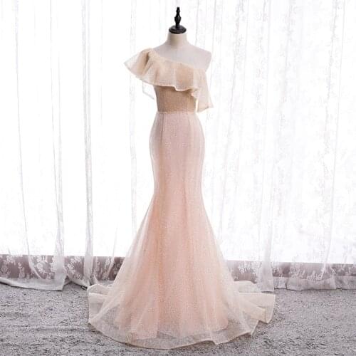 Bespoke Occasion Dresses Vintage One-Shoulder Sleeveless Backless Trumpet Luxury Pink Tulle Lace Women Formal Evening Gown HB154