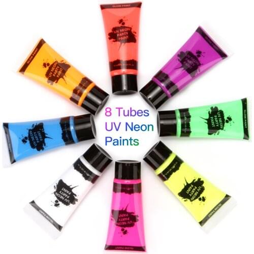 10ml/0.34oz 8 Tubes UV Neon Face & Body Paint 8 Colors Neon Fluorescent UV Blacklight Glow Safe for Makeup Festival Party