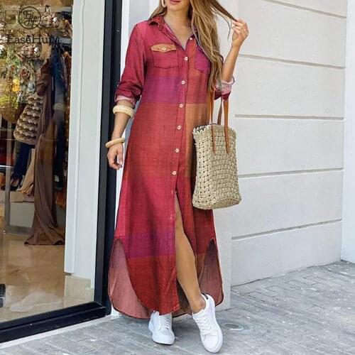 2021 Women Vintage Shirt Dress Plaid Chains Print Turn Down Collar Buttoned Front Casual Loose Long Robe Gown Female Shirt Dress