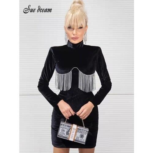 2021 Autumn Womens Sexy High Neck Long Sleeve Diamond Tassel Bodycon Velvet Mini Dress Fashion Celebrity Club Party Dress