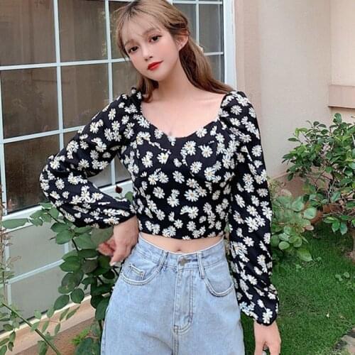Women Blouses French Square Collar Blouse Small Daisy Slim Sexy Navel Long Sleeve Chiffon Black Shirt Top One Size